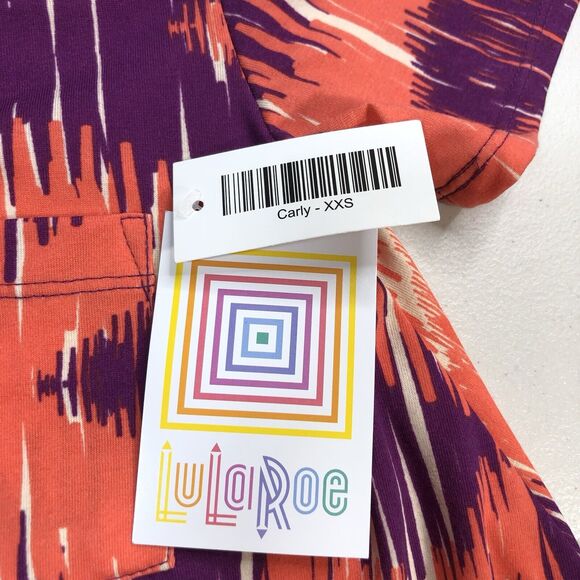 Lularoe Carly Sz XXS Short Sleeve Dress Purple Orange Multicolored Print Hi-Low - Picture 2 of 7